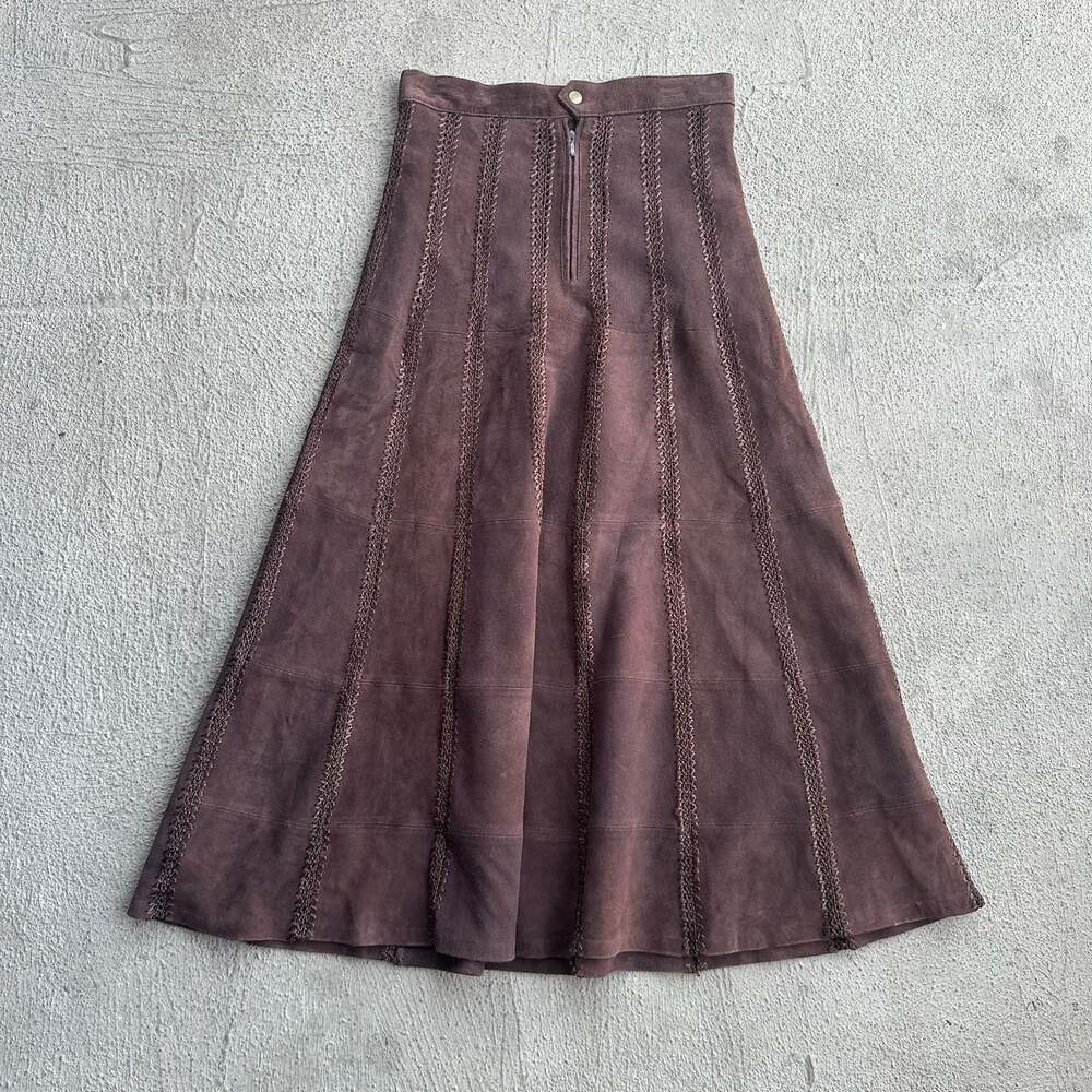Brown Genuine Leather A-Line Midi Skirt with Decorative Stitching
